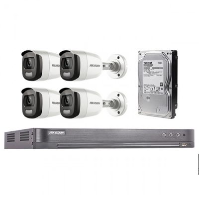 Hikvision ColorVu 1080p iDS-7204HQHI-K1/2S 4 Channel CCTV Turbo HD DVR + DS-2CE10DFT-F 2MP 1080P Full Time Color Bullet Camera x 4 + 2TBhd